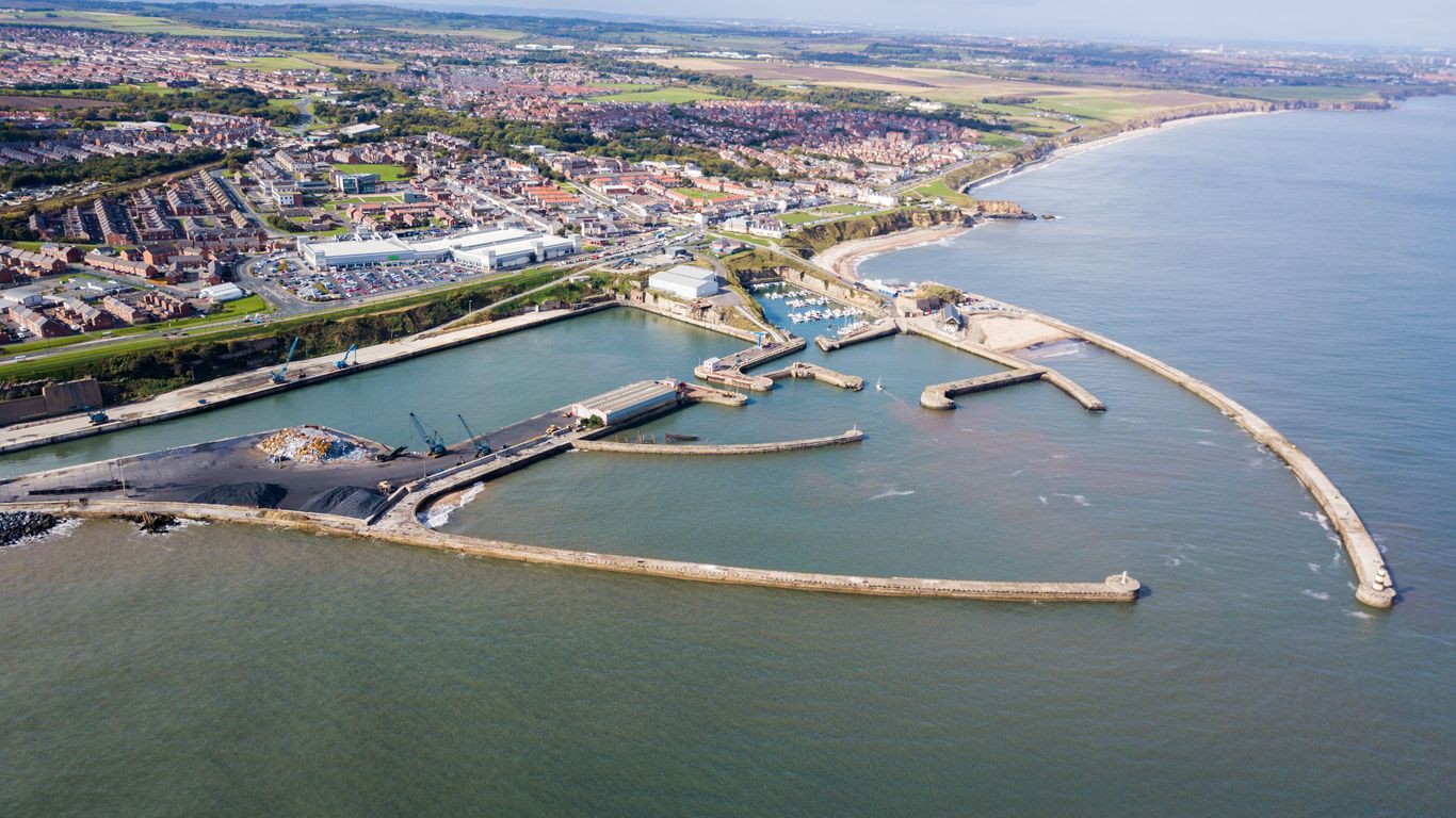 Aerial view of Seaham harbour and coast