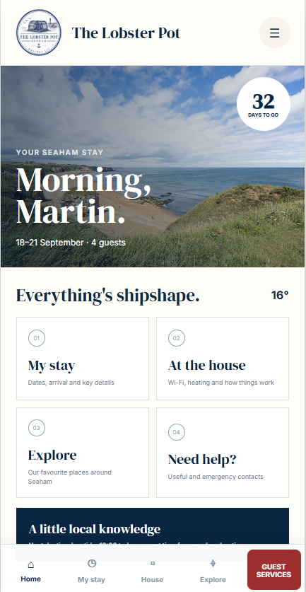 The personalised Guest App home screen with guest greeting and countdown